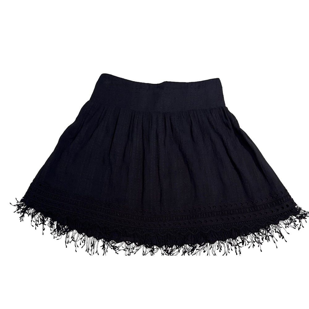Kivari Black Mini Skirt M Whimsigoth Boho Fringe Hem Lined Flowy Gauze Festival